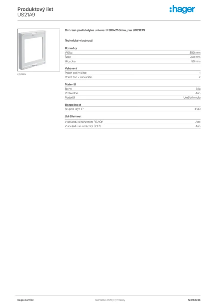 Obrázek Hager Product data sheet US21A9 | Hager