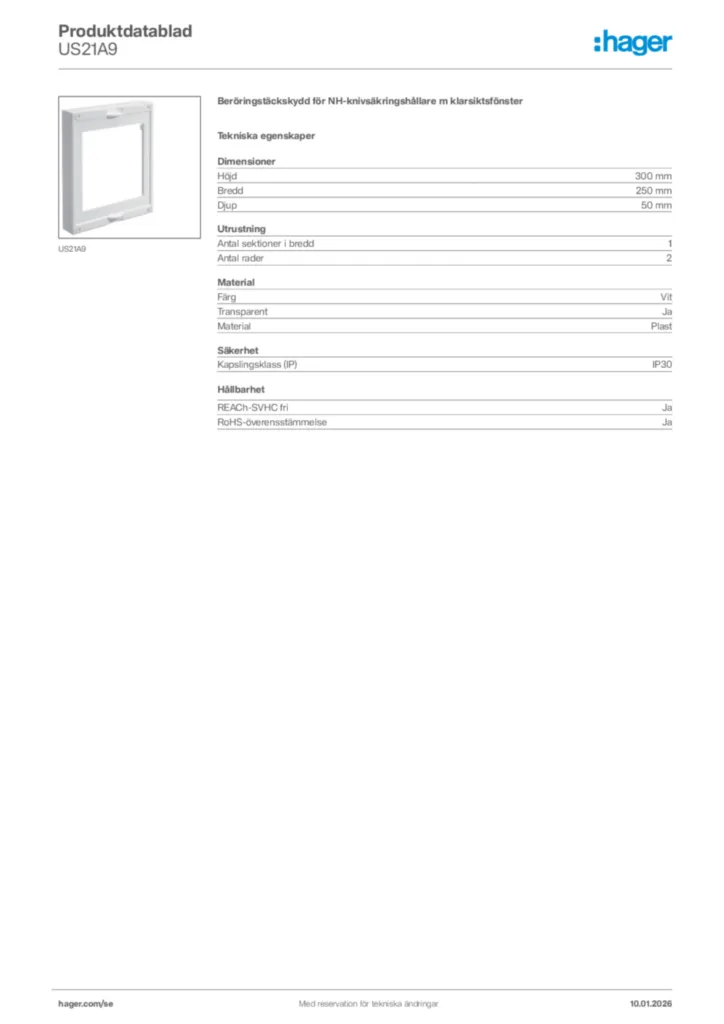 Bild Hager Produktdatablad US21A9 | Hager Sverige