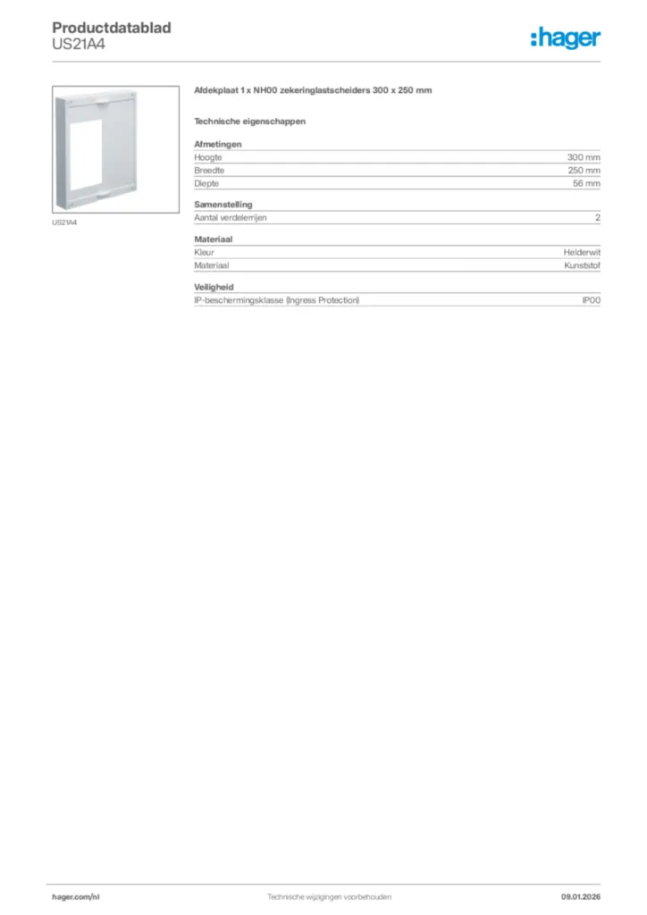 Afbeelding Hager Productdatablad US21A4 | Hager Nederland