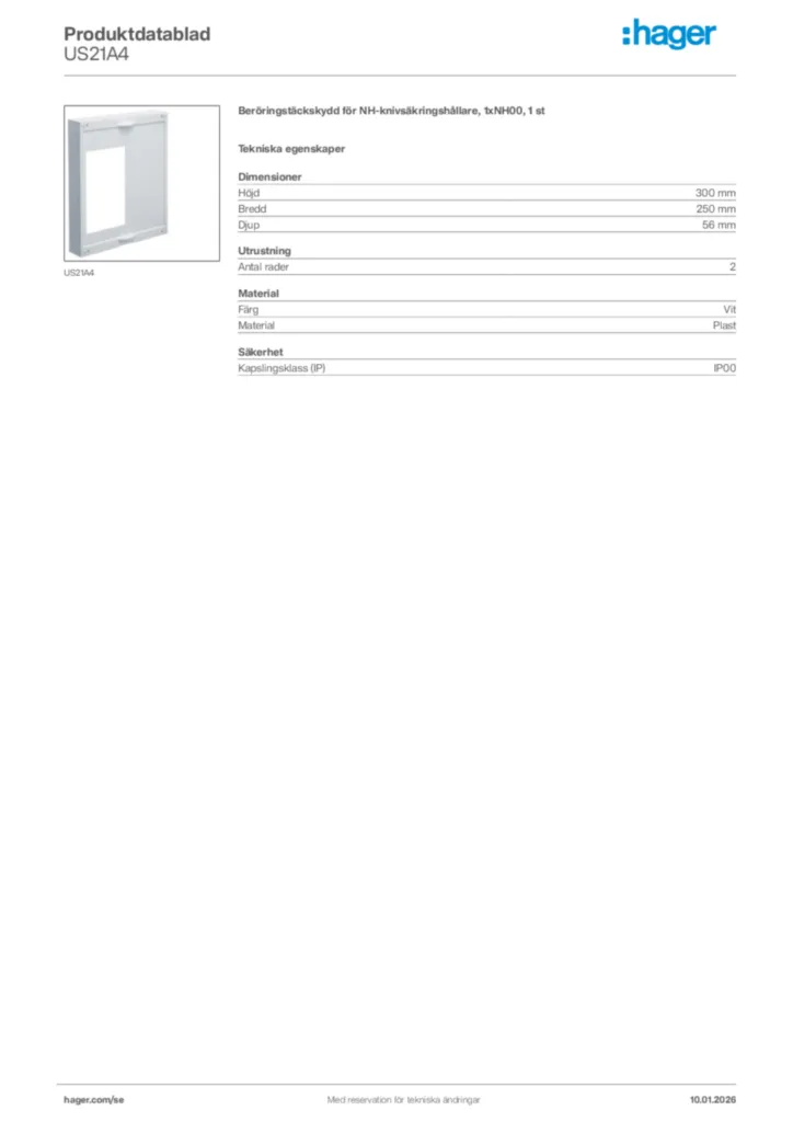 Bild Hager Produktdatablad US21A4 | Hager Sverige