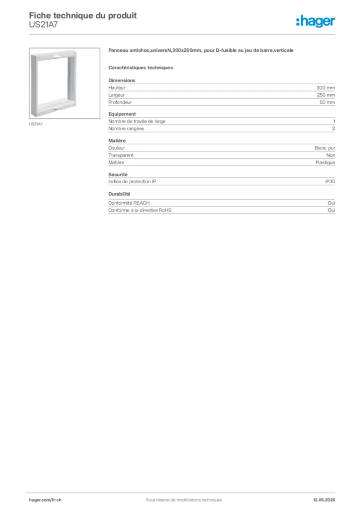 Image Hager Fiche technique du produit US21A7 | Hager Suisse