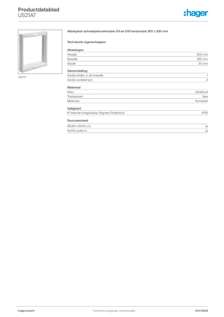 Afbeelding Hager Productdatablad US21A7 | Hager Nederland