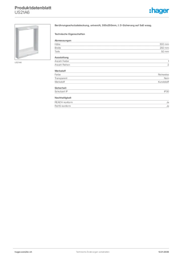 Bild Hager Produktdatenblatt US21A6 | Hager Schweiz