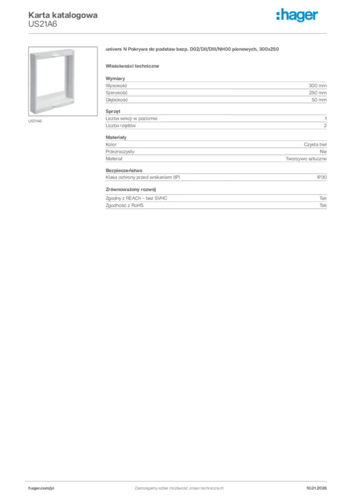 Zdjęcie Hager Karta katalogowa US21A6 | Hager Polska