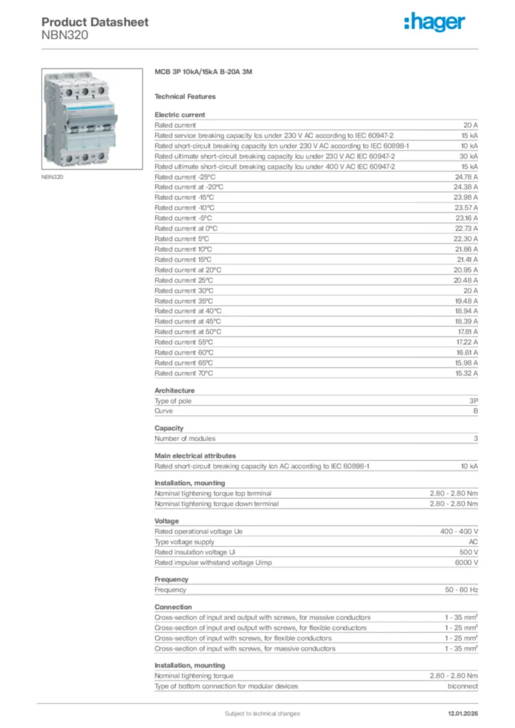 Image Hager Product data sheet NBN320  | Hager