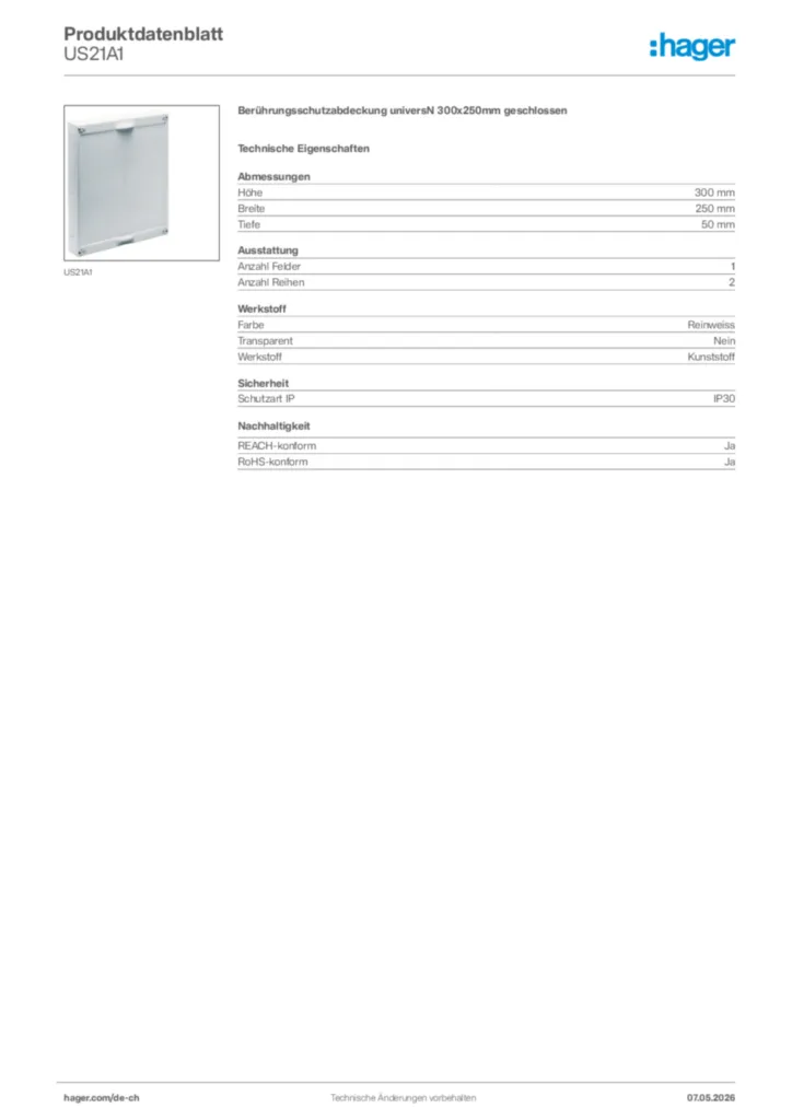 Bild Hager Produktdatenblatt US21A1 | Hager Schweiz