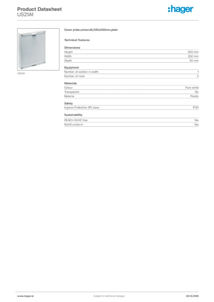Image Hager Product data sheet US21A1  | Hager