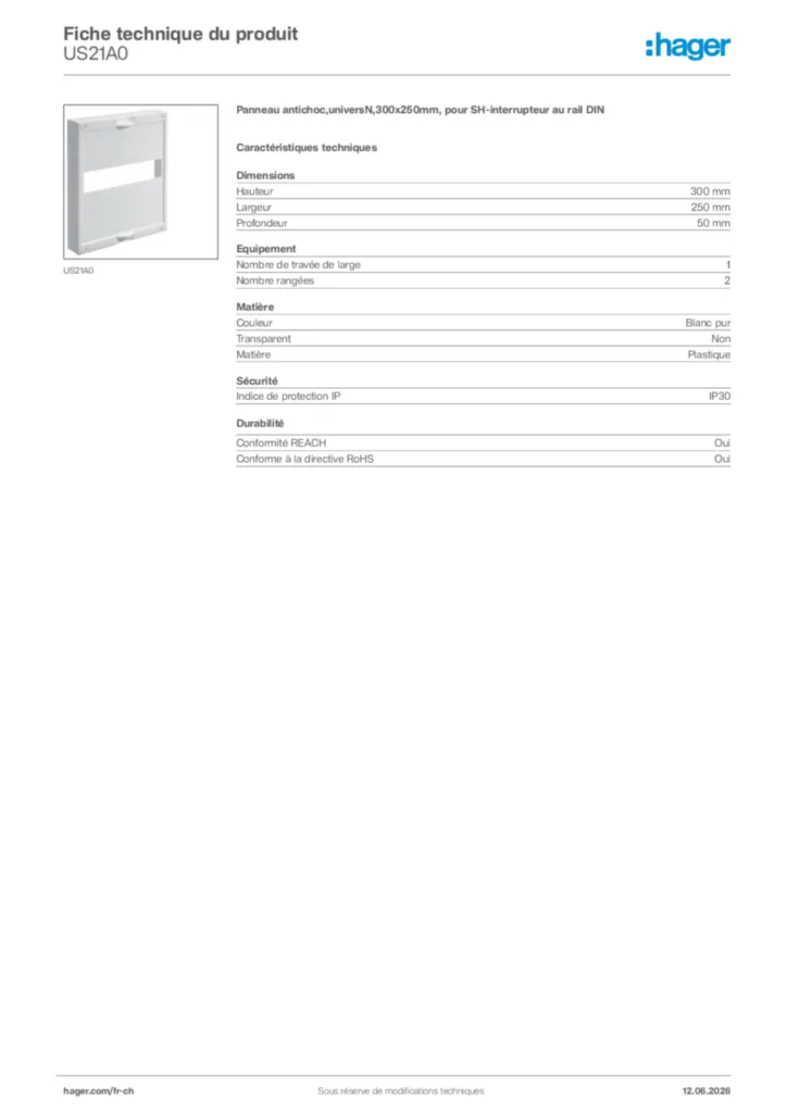 Image Hager Fiche technique du produit US21A0 | Hager Suisse