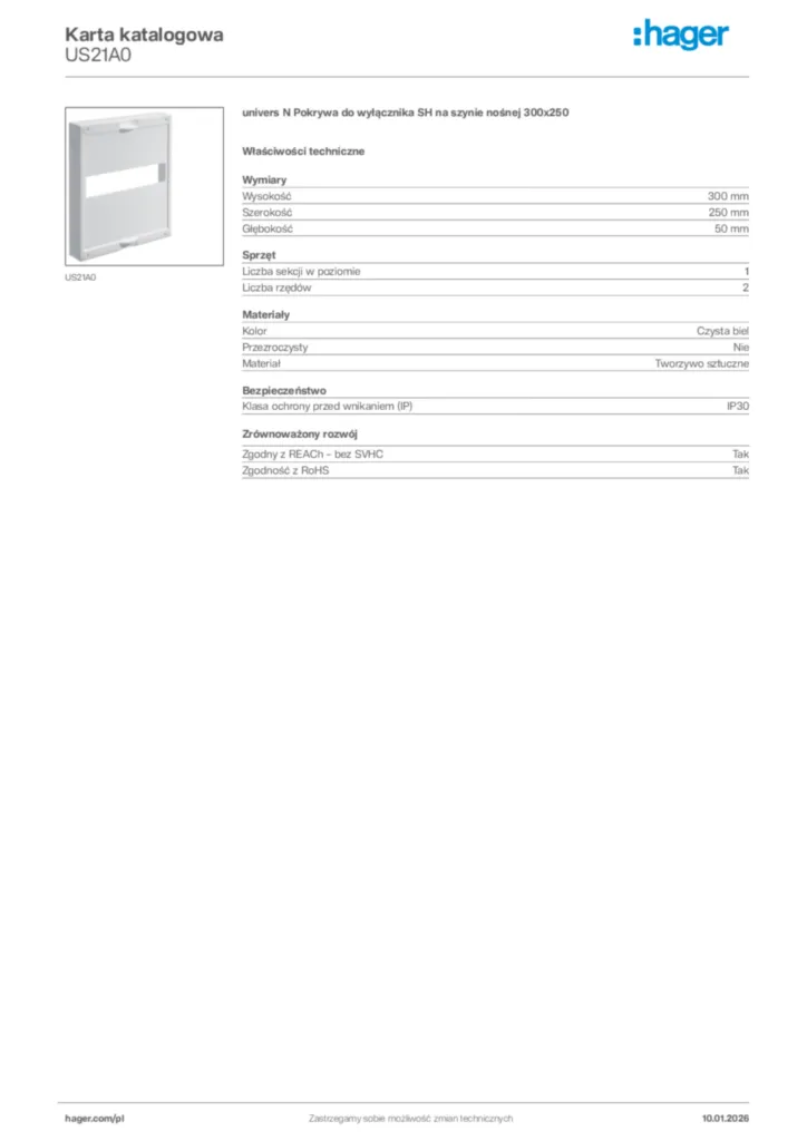Zdjęcie Hager Karta katalogowa US21A0 | Hager Polska