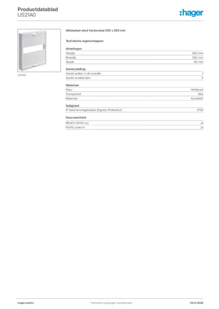 Afbeelding Hager Productdatablad US21A0 | Hager Nederland