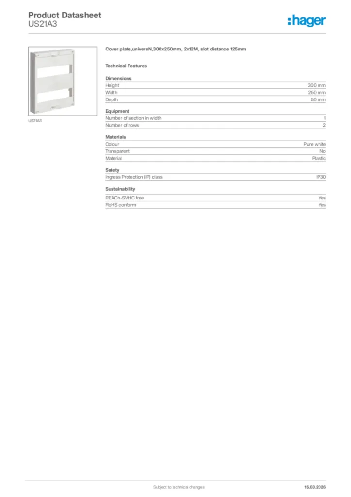 Image Hager Product data sheet US21A3  | Hager Africa