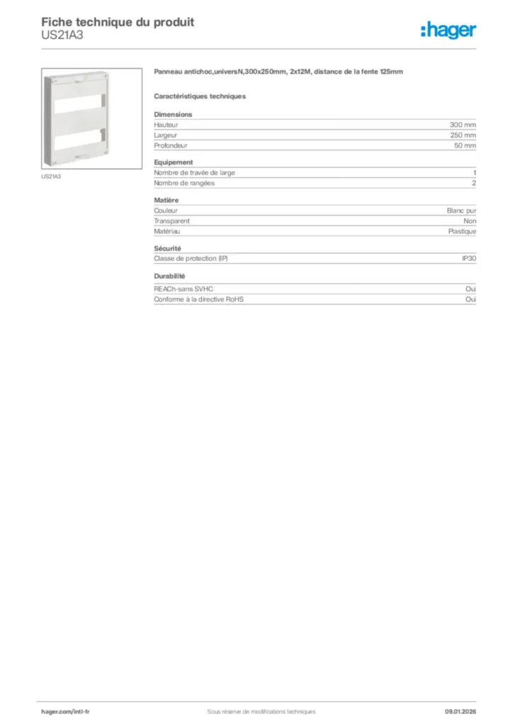 Image Hager Fiche technique du produit US21A3 | Hager Afrique