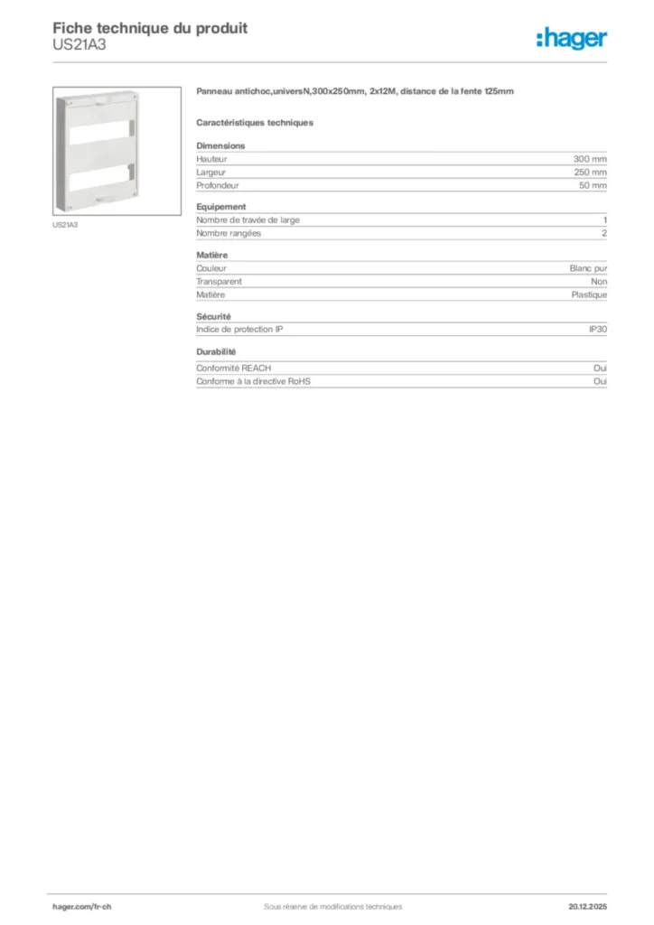 Image Hager Fiche technique du produit US21A3 | Hager Suisse