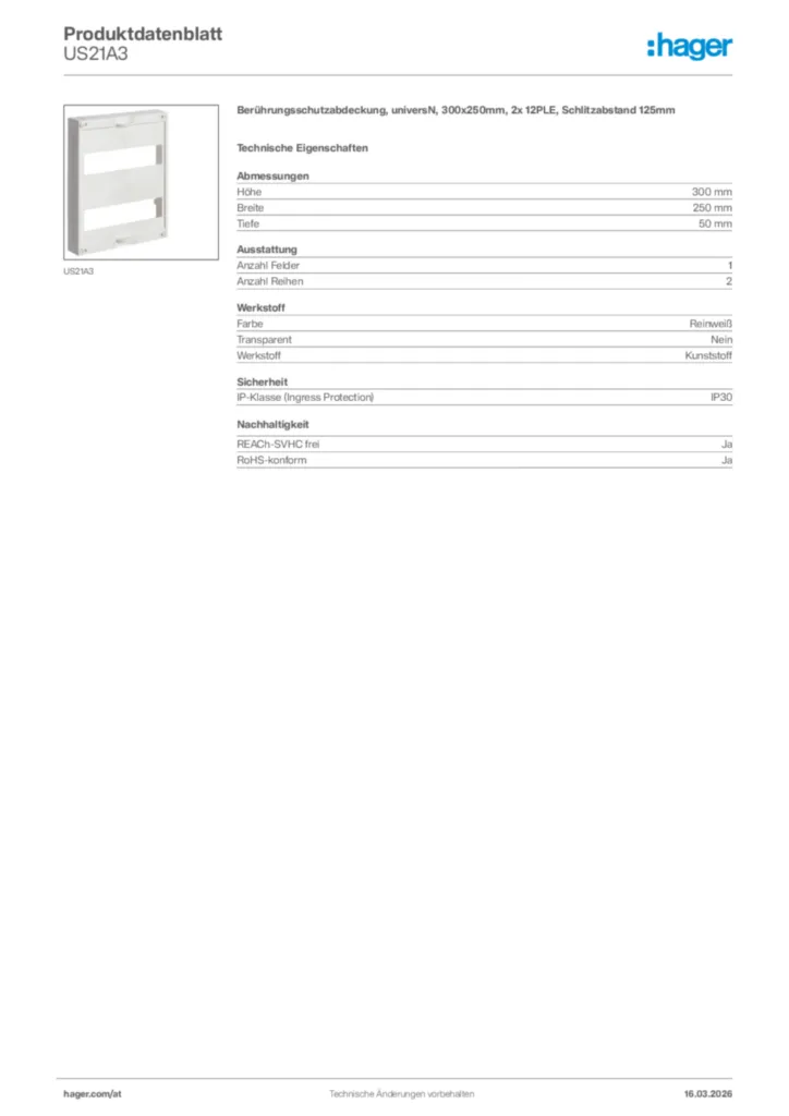 Bild Hager Produktdatenblatt US21A3 | Hager Deutschland