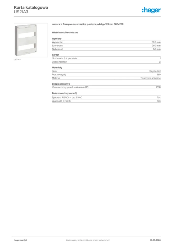 Zdjęcie Hager Karta katalogowa US21A3 | Hager Polska