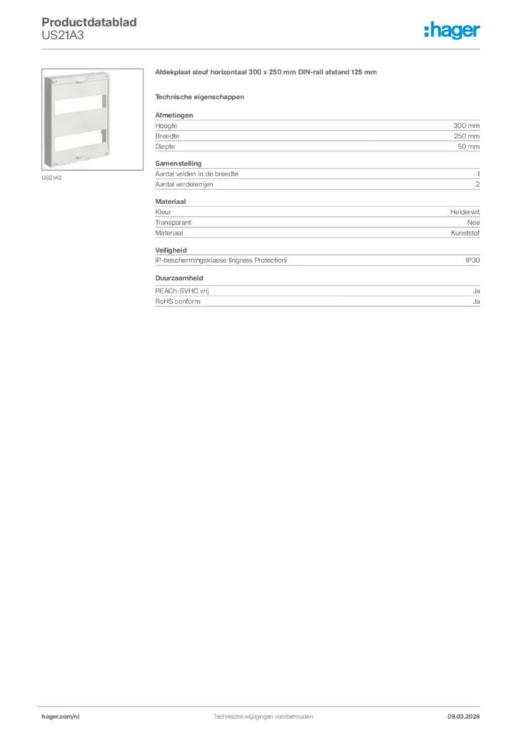Afbeelding Hager Productdatablad US21A3 | Hager Nederland