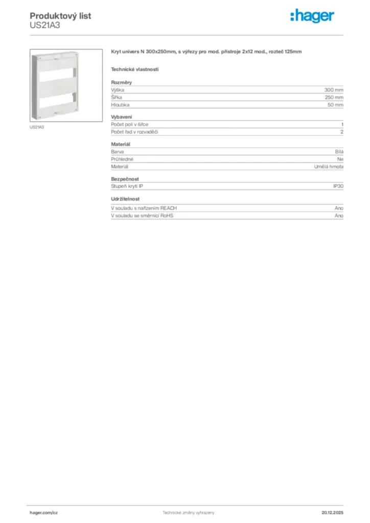 Obrázek Hager Produktový list US21A3 | Hager