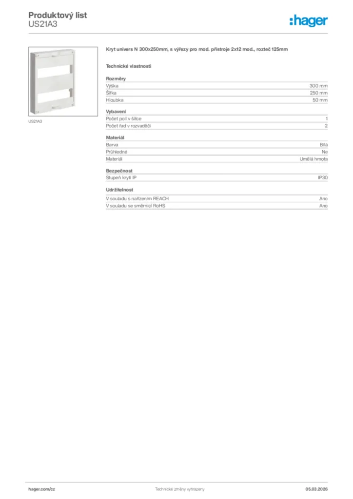 Obrázek Hager Product data sheet US21A3 | Hager