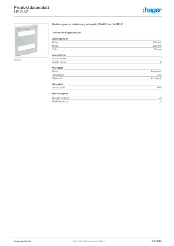 Bild Hager Produktdatenblatt US21A2 | Hager Schweiz