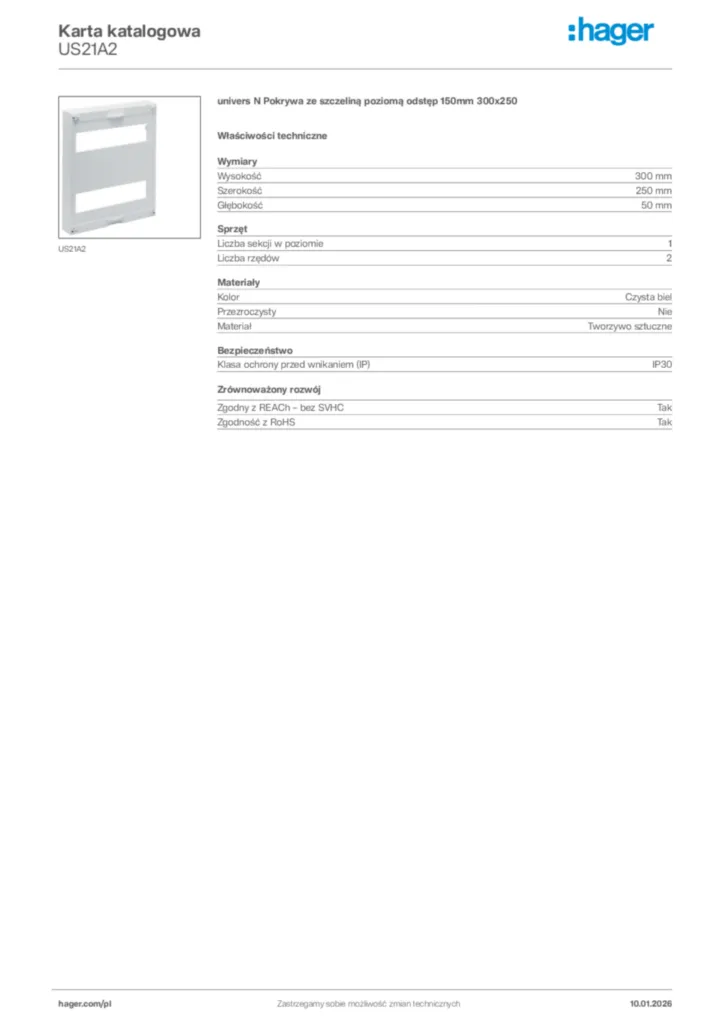 Zdjęcie Hager Karta katalogowa US21A2 | Hager Polska