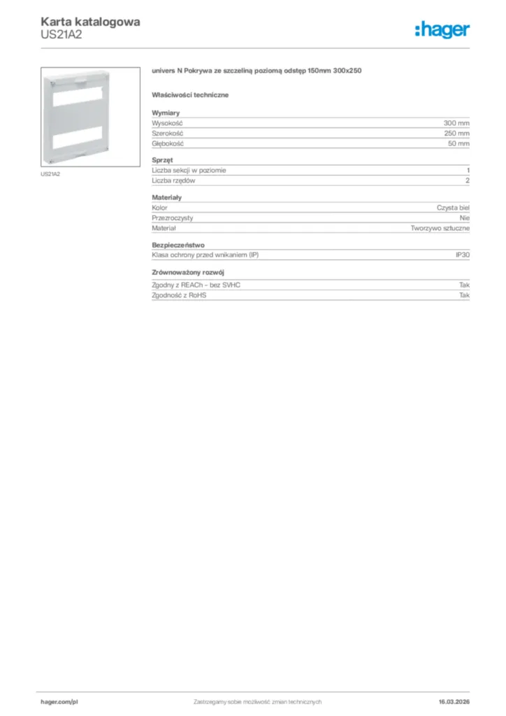 Zdjęcie Hager Karta katalogowa US21A2 | Hager Polska
