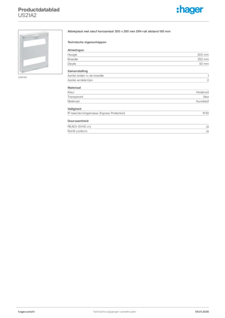 Afbeelding Hager Productdatablad US21A2 | Hager Nederland
