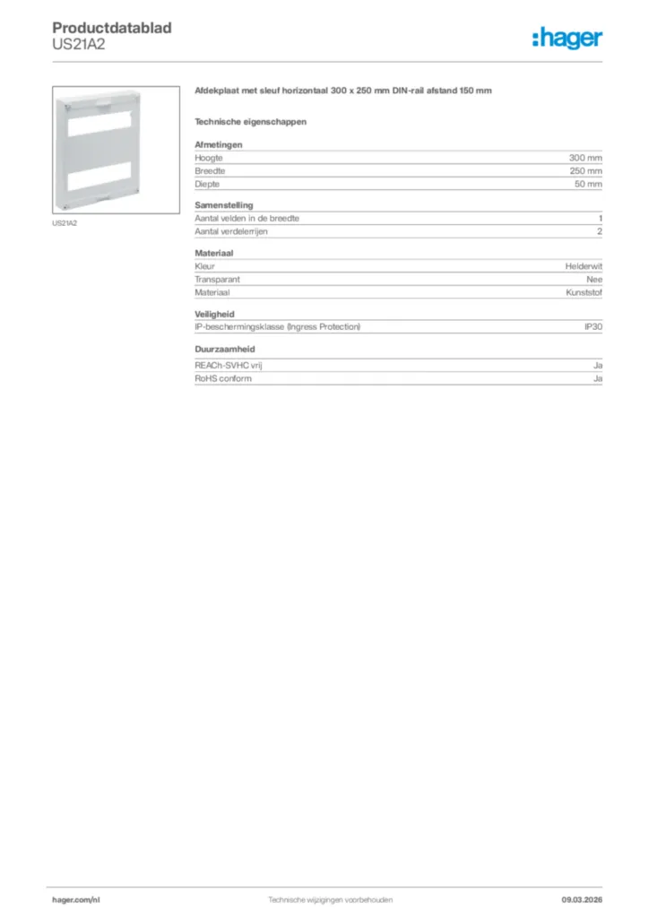 Afbeelding Hager Productdatablad US21A2 | Hager Nederland