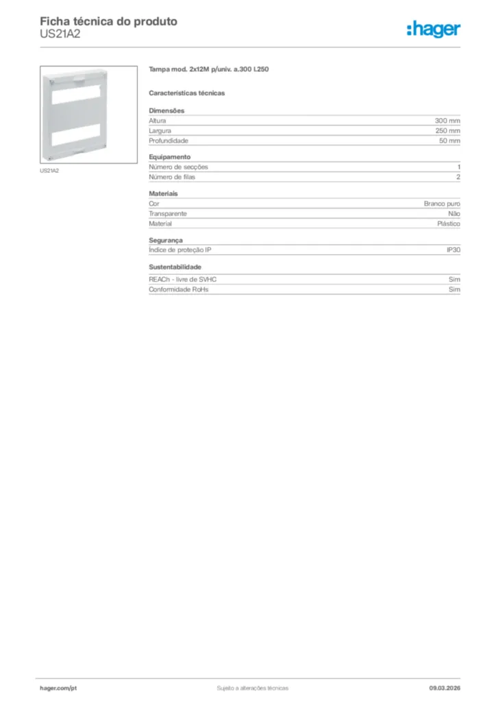 Imagem Hager Ficha técnica do produto US21A2 | Hager Portugal