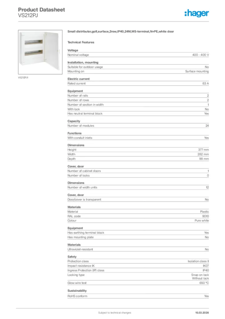Image Hager Product data sheet VS212PJ  | Hager Africa