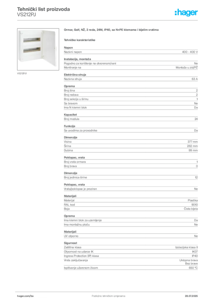 Slika Hager Product data sheet VS212PJ  | Hager