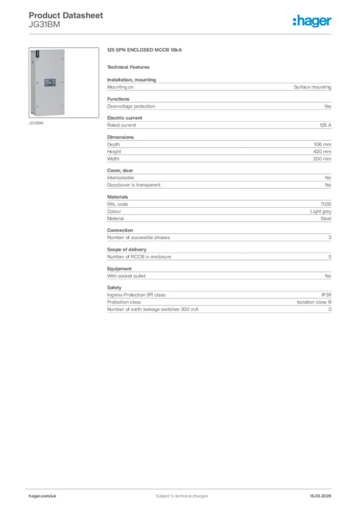 Image Hager Product data sheet JG31BM  | Hager