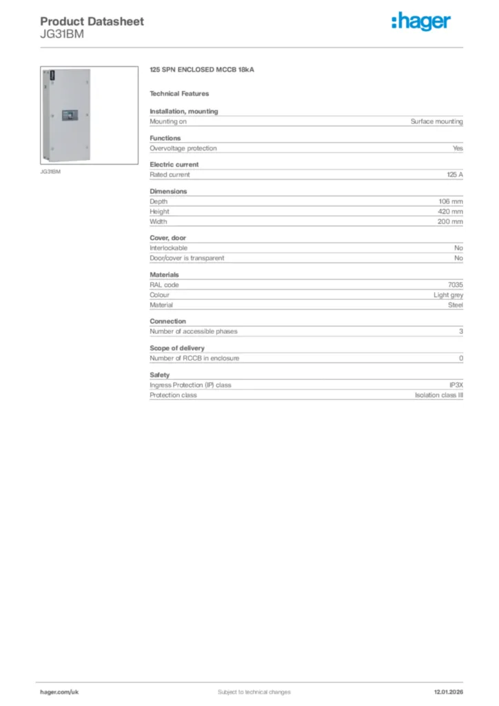 Image Hager Product data sheet JG31BM  | Hager
