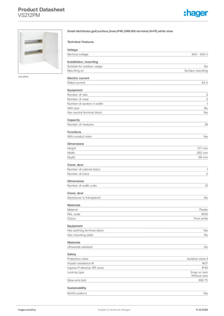 Image Hager Product data sheet VS212PM  | Hager