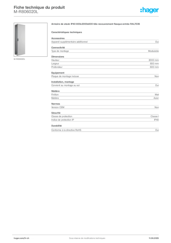 Image Hager Fiche technique du produit M-R806020L | Hager Suisse
