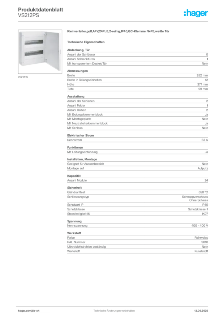 Bild Hager Produktdatenblatt VS212PS | Hager Schweiz