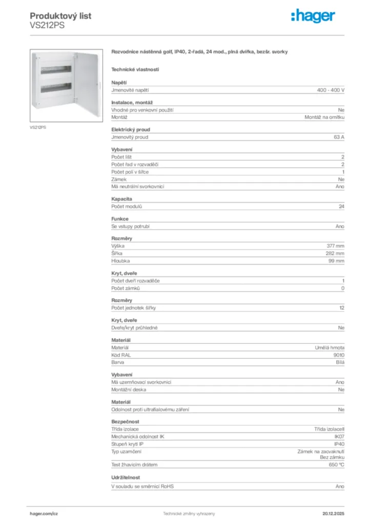 Obrázek Hager Produktový list VS212PS | Hager