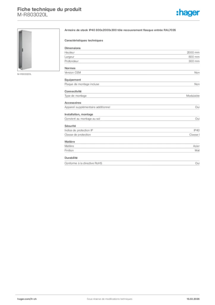 Image Hager Fiche technique du produit M-R803020L | Hager Suisse