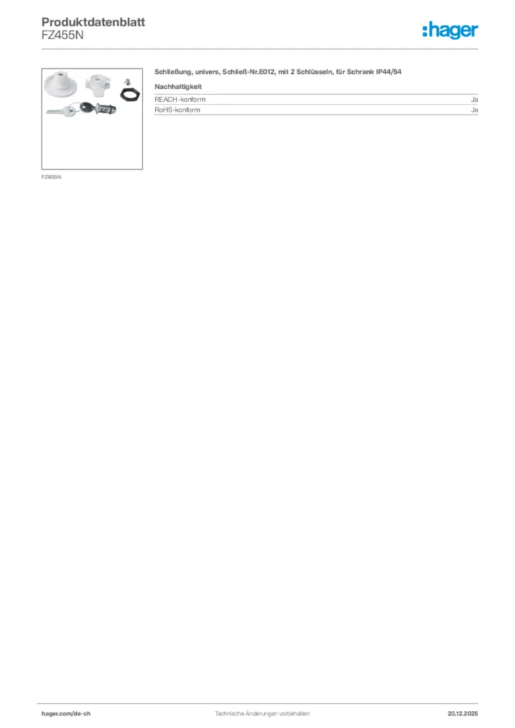 Bild Hager Produktdatenblatt FZ455N | Hager Schweiz