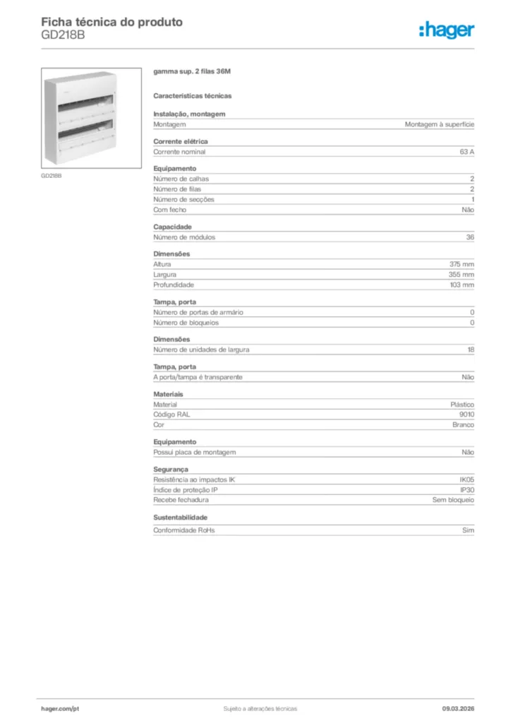 Imagem Hager Ficha técnica do produto GD218B | Hager Portugal