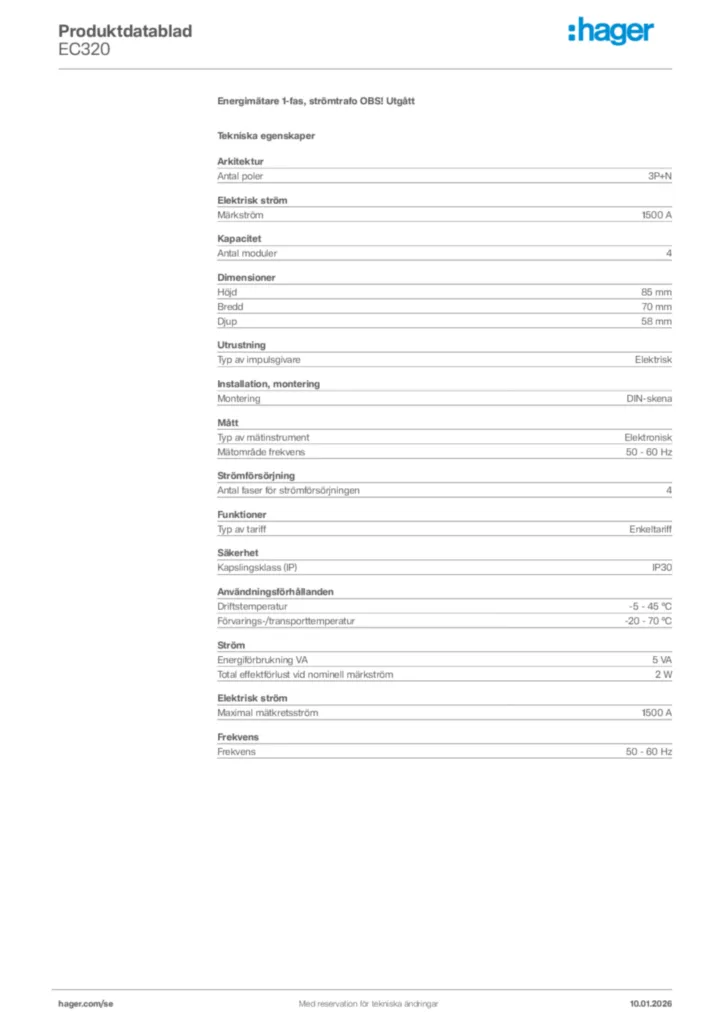 Bild Hager Produktdatablad EC320 | Hager Sverige