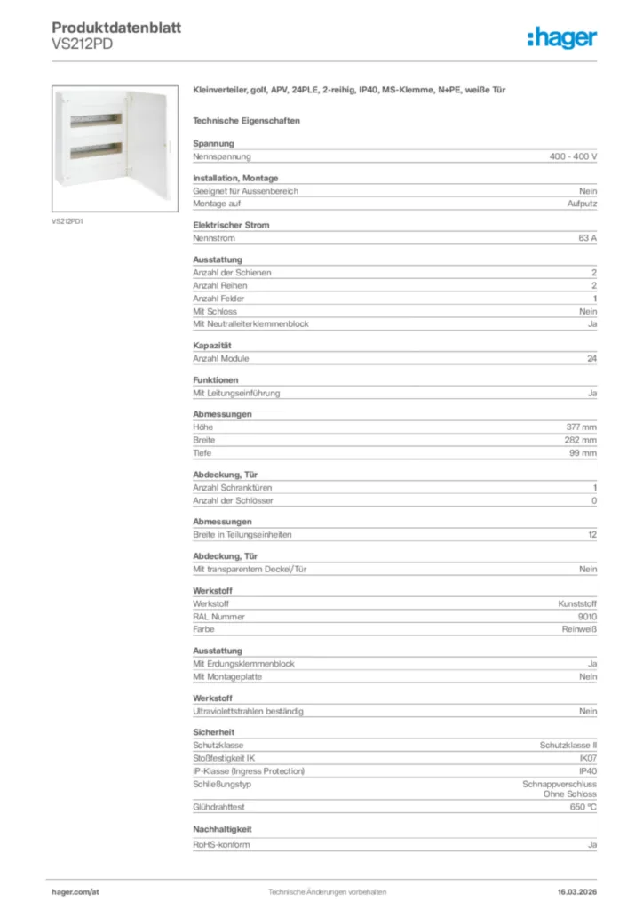 Bild Hager Produktdatenblatt VS212PD | Hager Deutschland