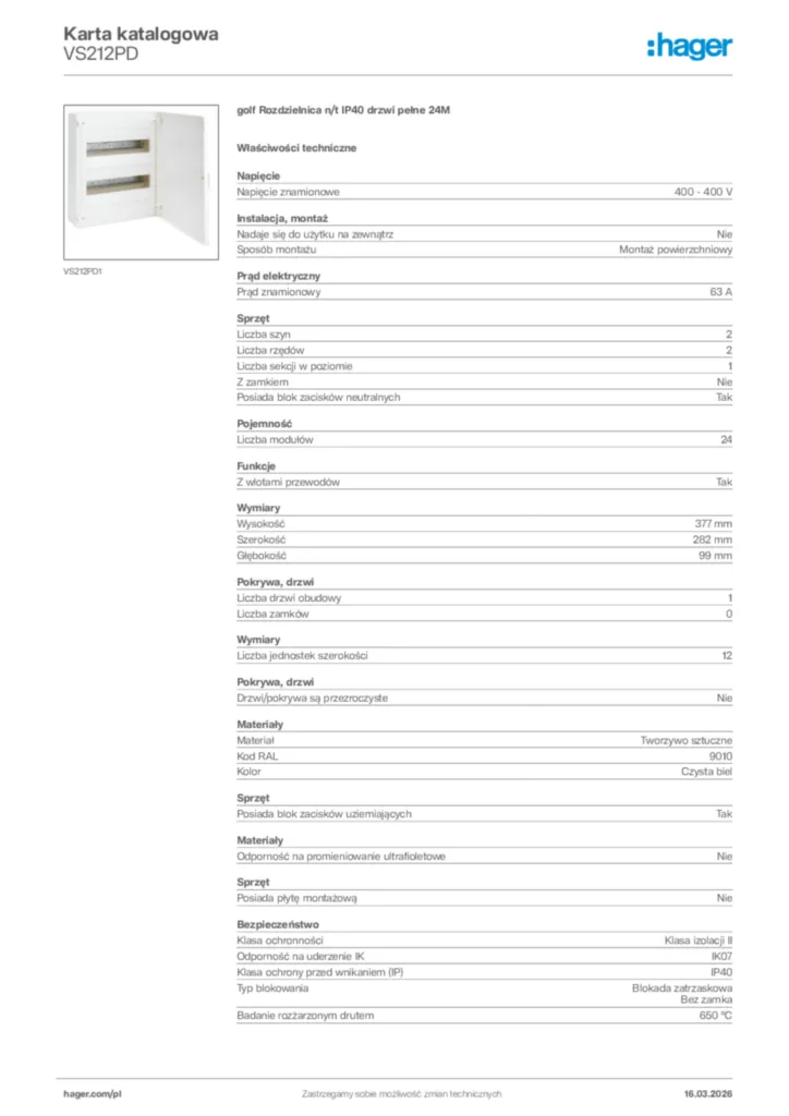 Zdjęcie Hager Karta katalogowa VS212PD | Hager Polska
