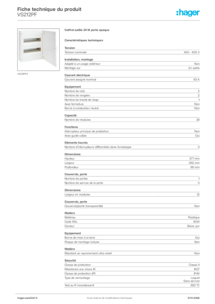 Image Hager Fiche technique du produit VS212PF | Hager Afrique