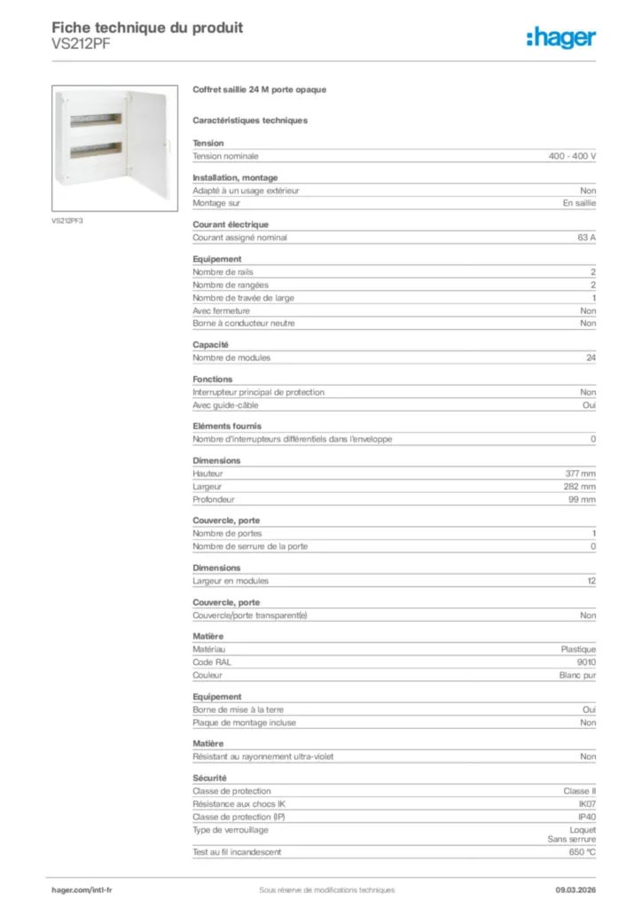 Image Hager Fiche technique du produit VS212PF | Hager Afrique