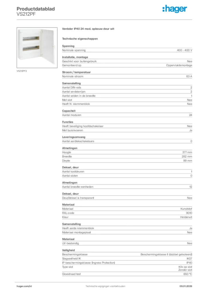 Afbeelding Hager Productdatablad VS212PF | Hager Nederland