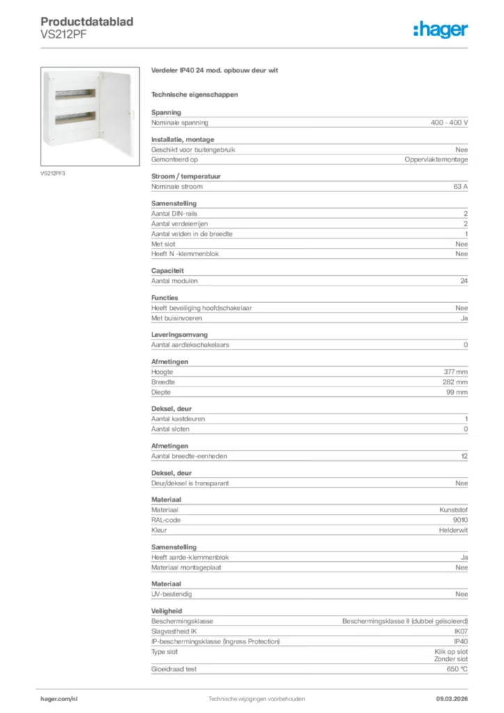 Afbeelding Hager Productdatablad VS212PF | Hager Nederland