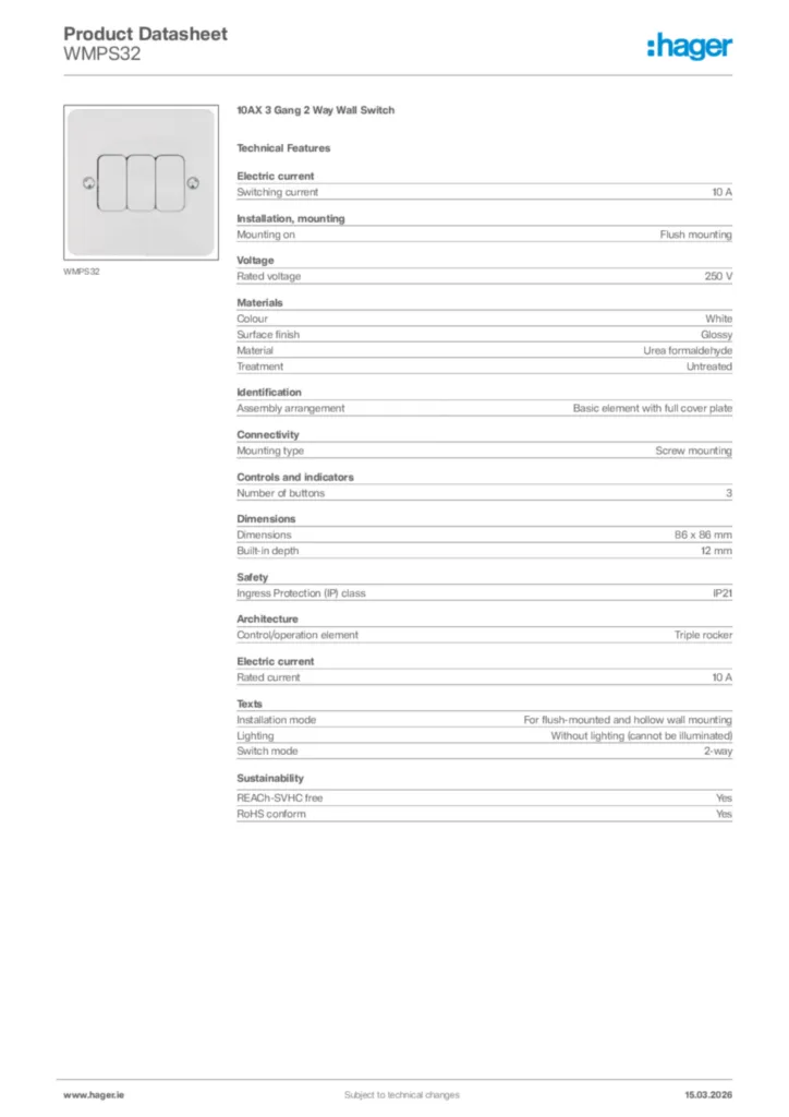 Image Hager Product data sheet WMPS32  | Hager
