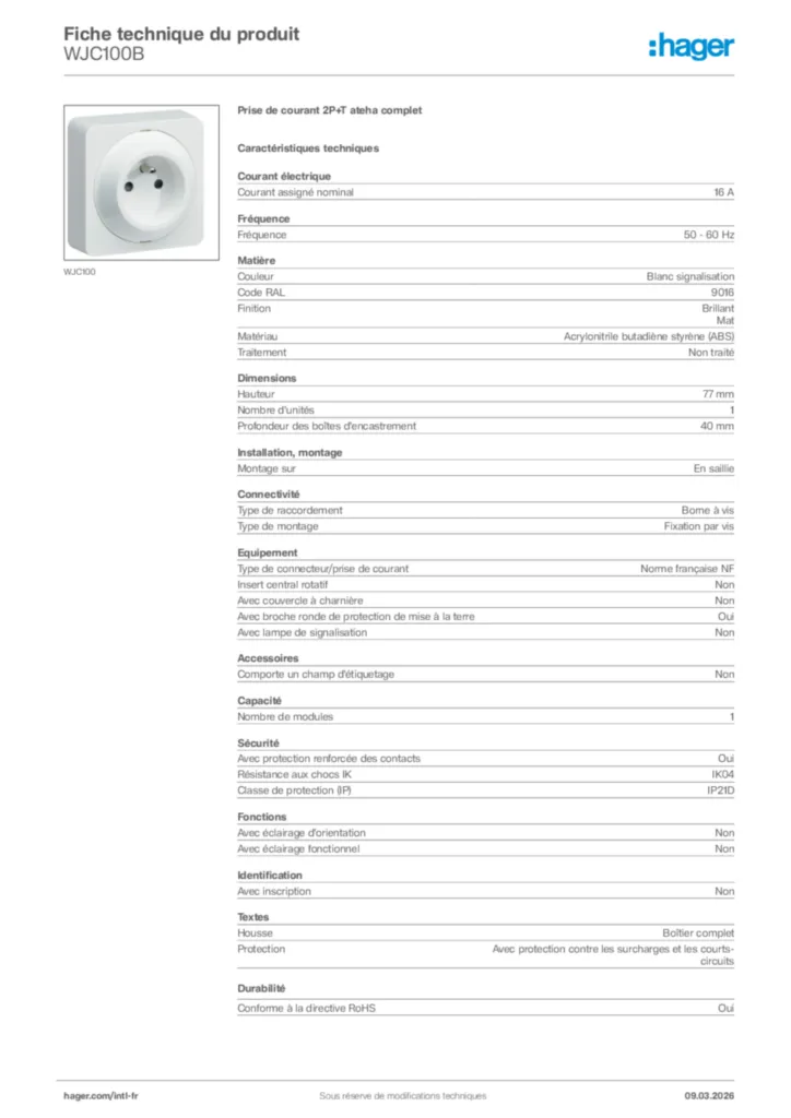 Image Hager Fiche technique du produit WJC100B | Hager Afrique