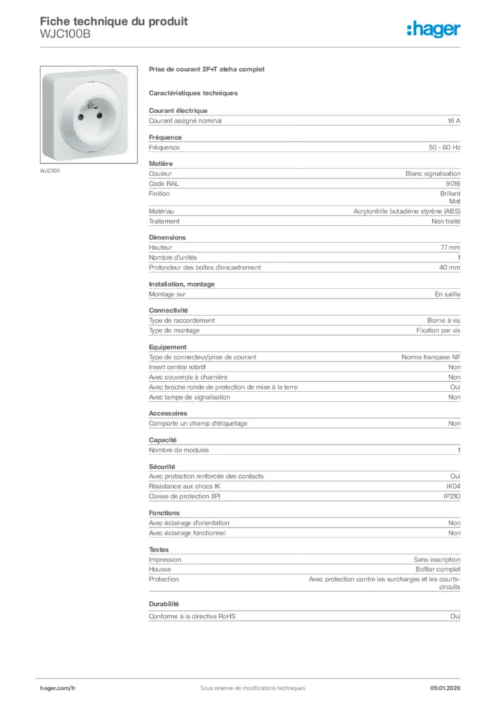 Image Hager Fiche technique du produit WJC100B | Hager France