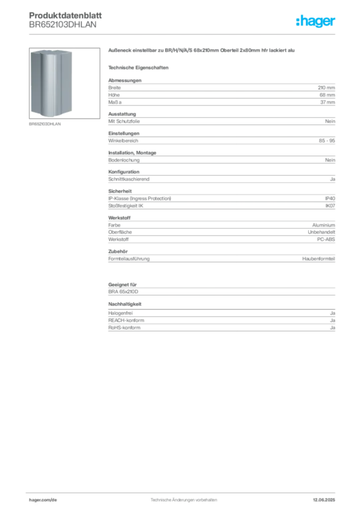 Bild Hager Produktdatenblatt BR652103DHLAN | Hager Deutschland